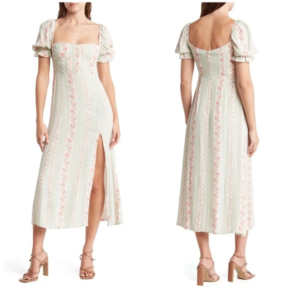 WeWoreWhat Sage Green Pink‎ Victorian Floral Stripe Puff Sleeve Corset Dress